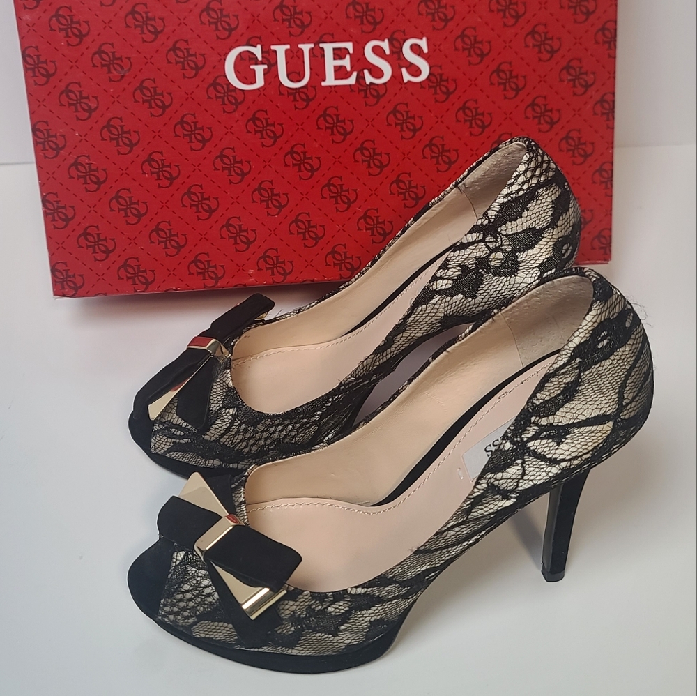 Guess Platform Peep Toe High Heel Pumps Black Lace Over Champagne Gold, 6.5M - Picture 5 of 15